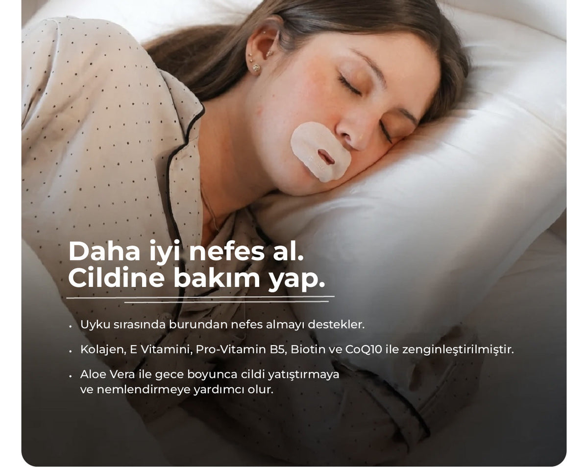 Pembe Gudslip ağız bandı takarak uyuyan kadın – daha iyi nefes al, cildine bakım yap